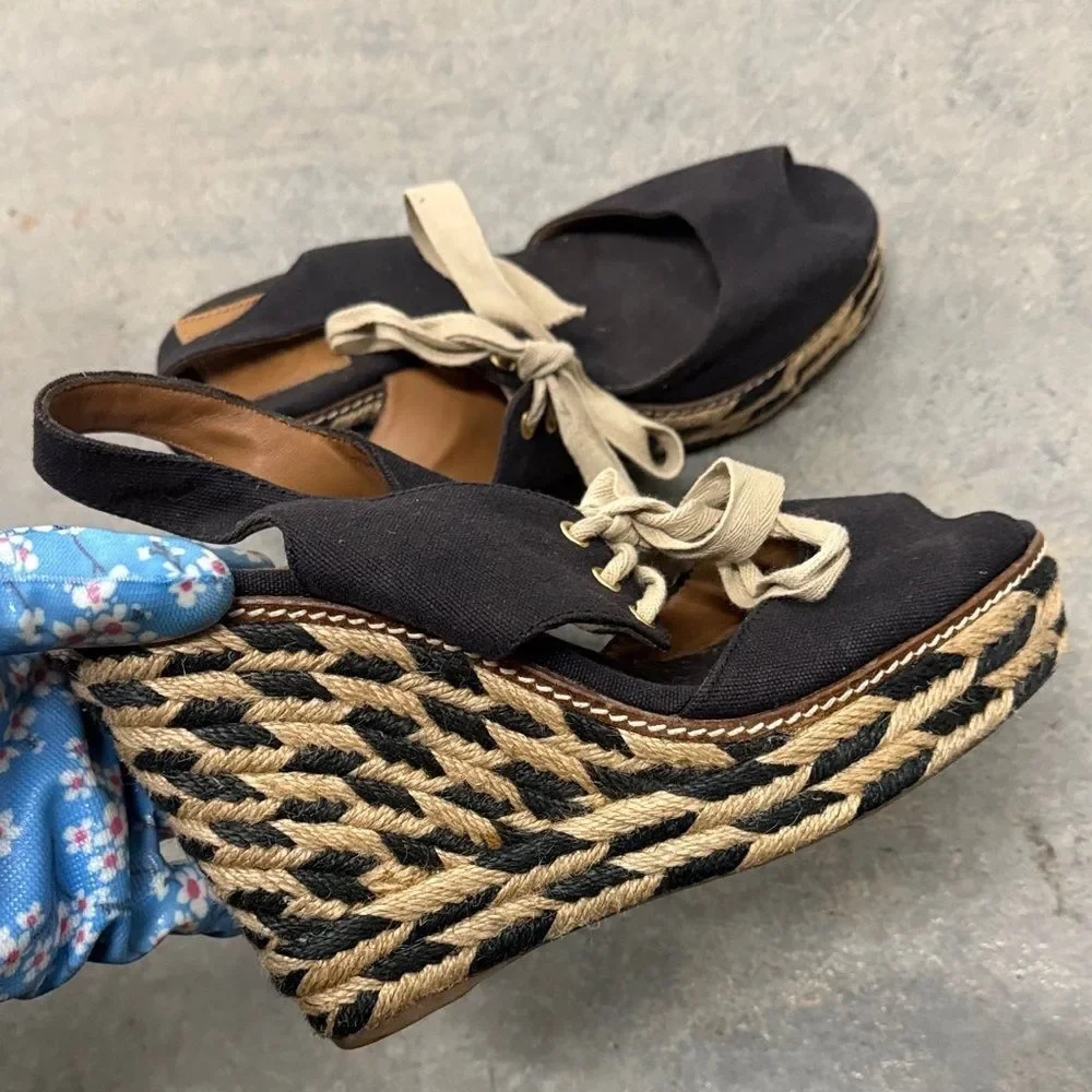 Tory Burch Black and Tan Espadrille Wedges